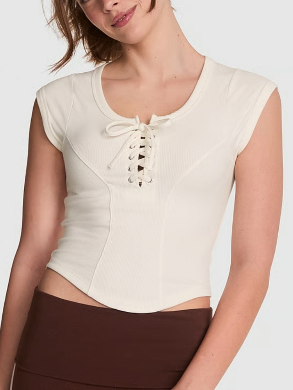 PINK Victoria's Secret All-Day Soft Rib Lace-Up Cream Top Shirt